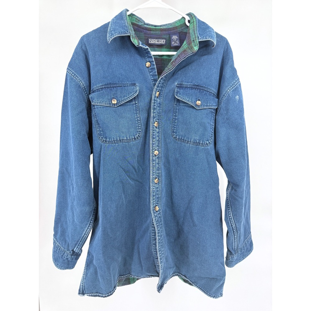 Lands End Mens Denim Plaid Lined Flannel Shirt Jacket Blue Green Sz M‎
